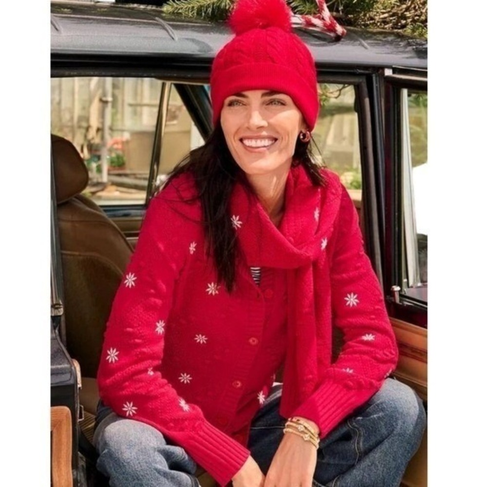 Talbots Embroidered Snowflake Christmas Cardigan Red Sz S - Picture 3 of 9